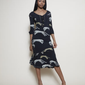 Roberto Cavalli midi dress with leopard and tiger pattern.
