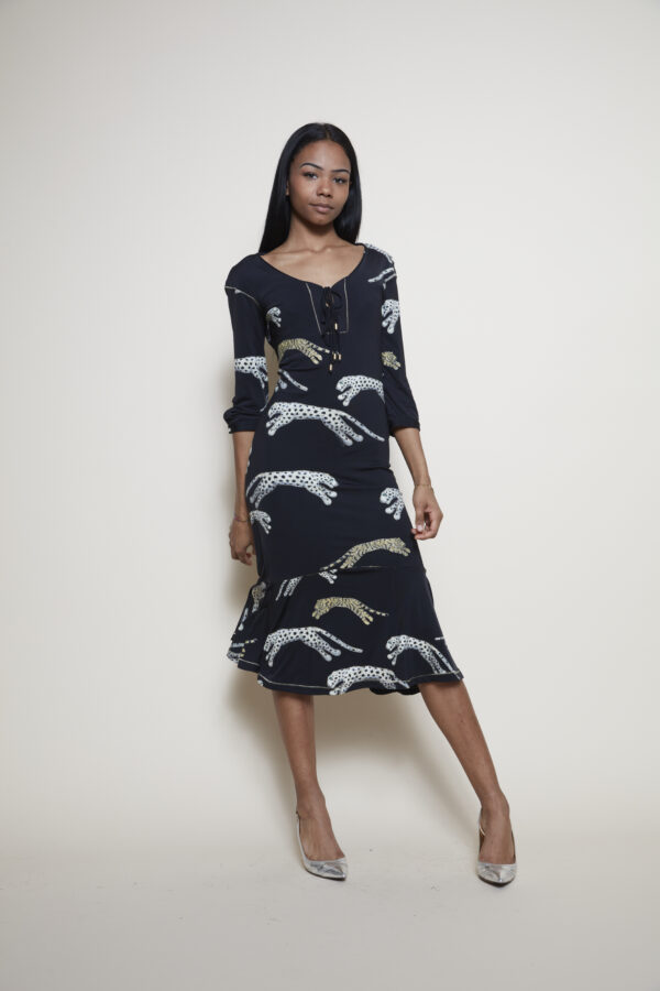 Roberto Cavalli midi dress with leopard and tiger pattern.