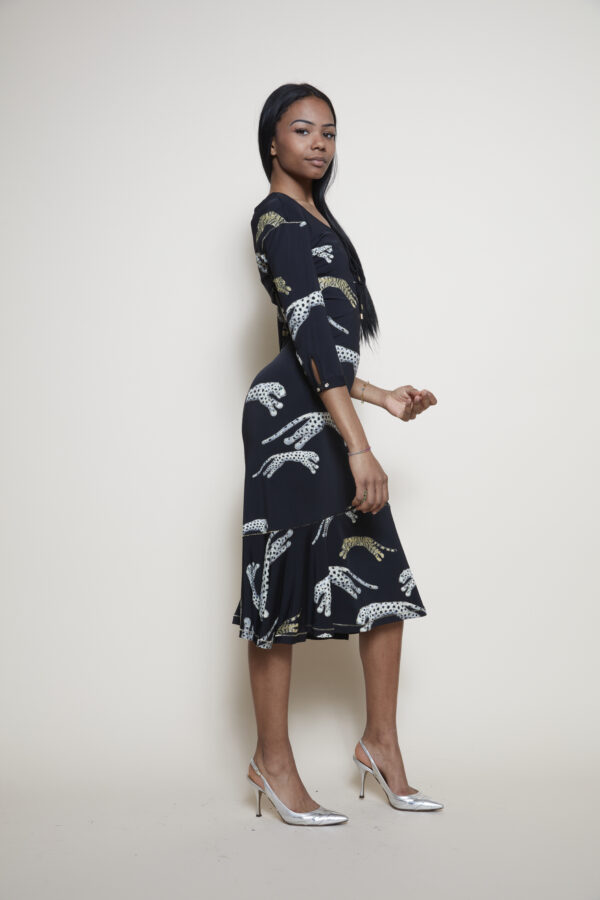 Roberto Cavalli midi dress with leopard and tiger pattern side