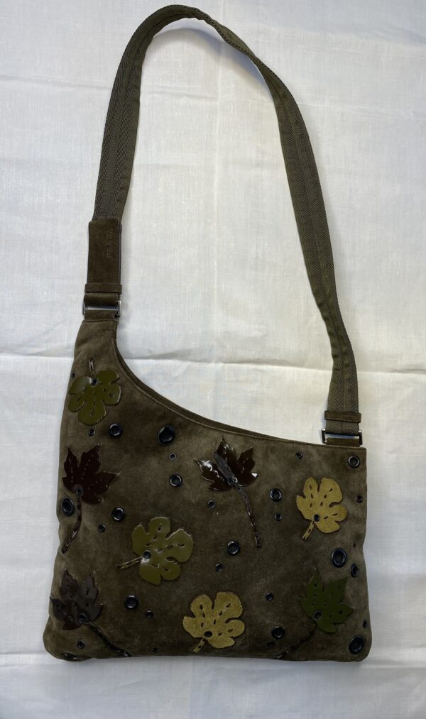 Prada suede shoulder bag with green and brown leaves
